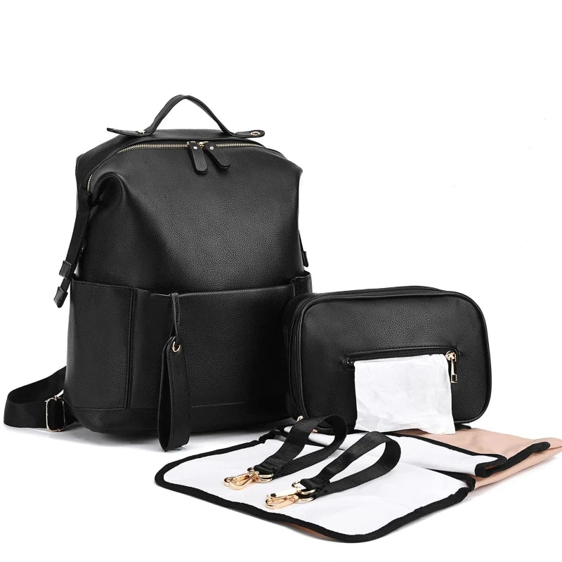 Sac à langer en cuir élégant et spacieux noir